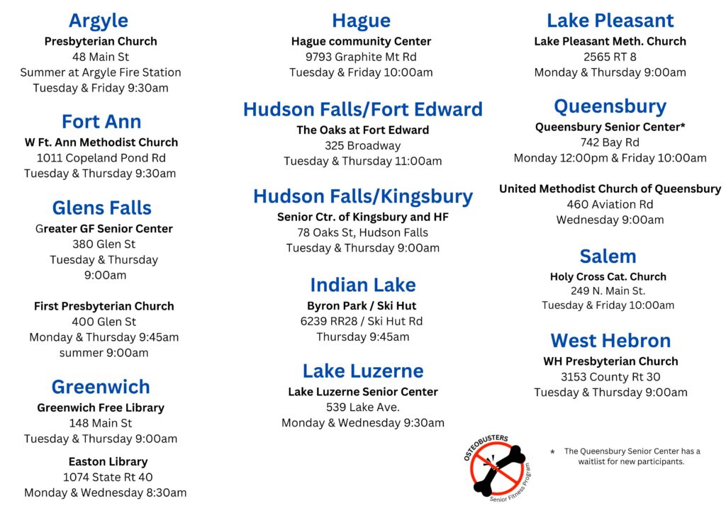 Osteobusters 16 locations with address and times of classes chart please call RSVP fro info
